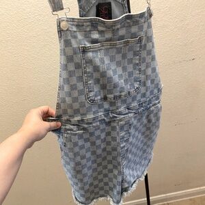 Checkered Denim Overall Shorts